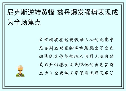 尼克斯逆转黄蜂 兹丹爆发强势表现成为全场焦点