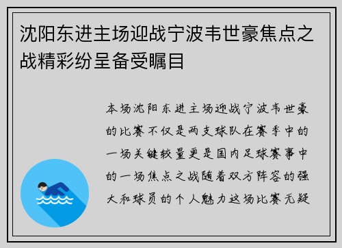 沈阳东进主场迎战宁波韦世豪焦点之战精彩纷呈备受瞩目