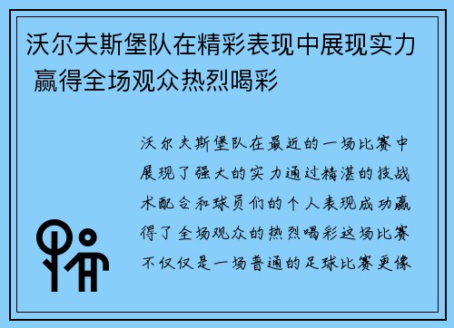 沃尔夫斯堡队在精彩表现中展现实力 赢得全场观众热烈喝彩