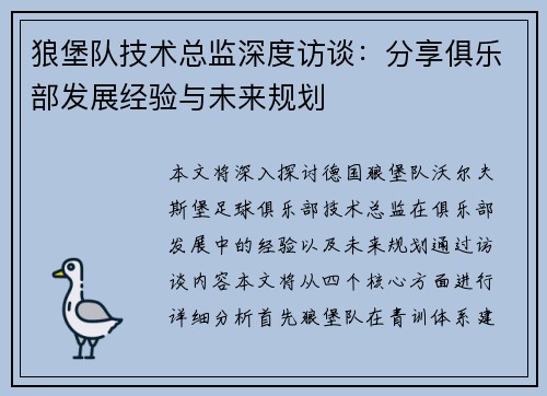 狼堡队技术总监深度访谈：分享俱乐部发展经验与未来规划