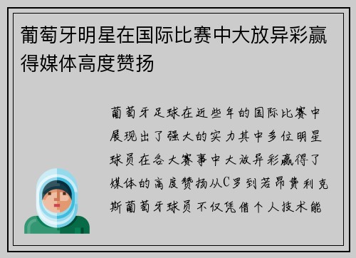 葡萄牙明星在国际比赛中大放异彩赢得媒体高度赞扬