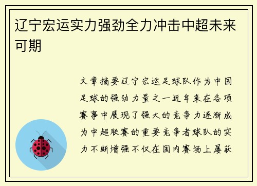 辽宁宏运实力强劲全力冲击中超未来可期