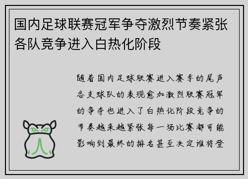 国内足球联赛冠军争夺激烈节奏紧张各队竞争进入白热化阶段