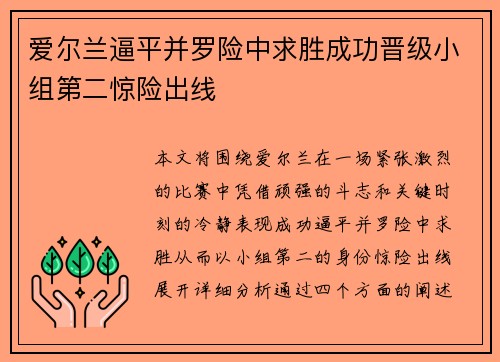 爱尔兰逼平并罗险中求胜成功晋级小组第二惊险出线