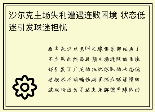 沙尔克主场失利遭遇连败困境 状态低迷引发球迷担忧