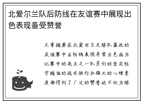 北爱尔兰队后防线在友谊赛中展现出色表现备受赞誉